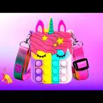 SV Traders Pop It Bag Unicorn Shape Sling Bag+Popit Key Chain Crossbody Bag for Kids, Pop It Bag for Girls, Pop It Fidget Toy Shoulder Bag, Fidget Purse for Kids Stress Relief Toys, Multicolor Random Collection.