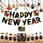 Festiko 36 Pcs Happy New Years Decorations Combo (Banner, Swirls, Cake Topper, Cup Cake Toppers), New Years Eve Party Supplies 2023