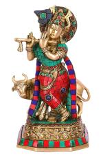 Idol Collections Multicolor Brass Krishna Playing Flute Idol