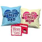 Indigifts Mom Dad Anniversary Gift World's Best Mom & Dad Multi Cushion Cover 12x12 inch with Filler Set of 2 - Gift for Mother's Day, Mom-Mumma-Dad-Papa-Parents-Birthday, Father's Day