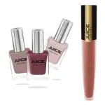 JUICE One Coat Nail Polish, Combo Pack of 3, Nude Collection, High Gloss, Chip Resistant, Quick Dry, Gel Effect, Shades : Sun Kissed / Dusty Coral / Camel NUDE COMBO_27, 11ml each and 1 Lip Tint M-70 Shade : Cherry Jubilee Water Proof & Long-Lasting