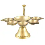 pujaNpujari Golden Brass Diya for Puja/Panch aarti Diya with Handle/Aarti Diya with Handle Diya Stand, 5 Aarti Diya with Brass Handle