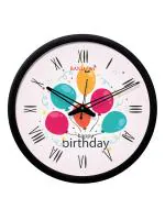 Random 12- inch Happy Birthday Round Shaped Wall Clock With Glass (Quartz Movement, Black Frame)