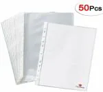 TULMAN 50Pcs Transparent A4 Size Document Sleeves 150 Micron Thickness Leaf Waterproof Clear Sheet Protector 11 Holes Punched Ring Files