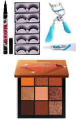 Lenon BEAUTY COMBO KIT 5 PAIR EYELASH, EYELASH GLUE, EYELASH CURLER WITH 36 HRS EYELINER AND OBSESSIONS EYE-SHADOW PALETTE TOPAZ 4.4 g (9 Items in the set)