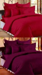 VORDVIGO Combo Pack of 2 Cotton Satin Stripes Plain Bedsheets for Double Bed with 4 Pillow Covers for Home, Hotels Rooms, Guest House (Color- Red & Maroon)