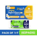 Safeosure Xl 280Mm Super Saver Dri Feel + Super Soft Uni Pads Combo (1+7Pack) 63Pads Safe & Hygienic Periods Pads with Wings