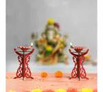 Future Works Diya Stand Wooden Traditional Deepam Stand Hand Crafted Diya Set for Pooja Decoration Items Also Candle and Lanterns Diwali Decoration Items for Home Decor Mandir and Temple Decor Red (Pack of 2)