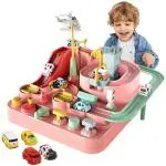 PATPAT Car Race Tracks Toy for Boys Girls Kids,City Rescue Preschool Educational Toy with Random 4 Car Toys,ParentChild Interactive Car Playsets for 38 Years Old Toddlers Boys Girls (Pink)