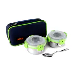 UNINOX Evita Stainless Steel Smart Lock Lunch Box | Set of 2 Container (450,450 ml) with 1 Steel Spoon | Leak Proof | Food Grade | Green