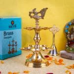 SATVIK 1 Pc Brass Panchmukhi Peacock Kerala Samai Puja Diya Kutthu Vilakku Oil Lamp Pooja 2 Step Diya Engraved Design Deepak Indian Diwali Pooja Home Mandir Office Decor Return Gift Items