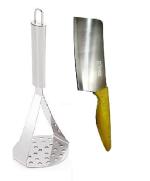 URBAN BUY Stainless Steel Potato Masher With Wooden Handle Meat Chapper and Multicolour, Pack of 2