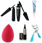 Lenon Beauty Eyeliner, Mascara, Eyelash Glue, Eyelash Curler and pink sponge puff, Black Kajal (6 Items in the set)