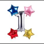 LADAKPAN 16 Inch Silver/Gold Colour Number Foil Balloon with 9 Inch Multicolour 4 Star Shape Balloons for Birthday, Anniverasary, New Year, Christmas, Corporate or Theme Party Decoration. (1, Silver)