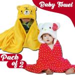 Pandaoriginals Yellow Tiger, Red, White Polka Kitty Fleece Bath Robes for Baby Boys and Girls (Free size) Pack of 2