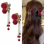 Samyak Combo of 2 Pcs Hair Claws Clips Red Rose Tassel Pearl Hair Accessories For Women & Girls Bridal Hair Clamp Jewellery Headdress