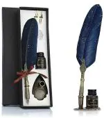 Hasthip Blue Metal Vintage Carving Feather Pen Set, Glittering Quill Set Writing Dip With Black Ink, 2 Replacement Nibs, Stand Base