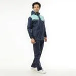 ZEEL Rain Coat for Men Waterproof for Bike Riders with Adjustable Hood and Pocket,Waterproof Rainwear Suit with Polyester Jacket, Pant and Carrying Pouch,AZ06 Navy-Green XL