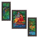 Indianara Set Of 3 Radha Krishna Framed Art Painting (1844Gbn) Without Glass 6 X 13, 10.2 X 13, 6 X 13 Inch
