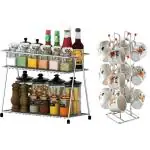 KPT Spice Rack Organizer for Countertop 2 Tier Counter Shelf With Cup Stand (Silver ,Pack of 2)