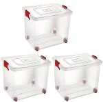 Nakoda Multipurpose Plastic Rectangular Storage Container Box with Wheel | Stackable Toy Box with Lid & Handle (32 Ltr / Pack of 3 / Transparent)