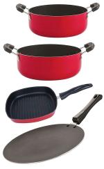 Nirlon 4 pcs of Red, Black 3 Layer Non-stick Aluminium Coated Pots and Pans Cooking Combo Set Standard