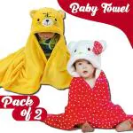 Pandaoriginals Yellow Tiger, Red Polka Kitty Cotton Bath Towels for Baby Boys and Girls (30 x 35 inch) Pack of 2