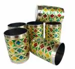 Rastogi Handicrafts Indian Style Stainless Steel Meena Hand Work Set of 6 Drink Ware Glass