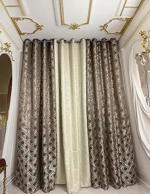 FINESSE DECOR Brown Curtain Set with Skin Curtain, Golden Tread Embriodery Curtains, Polyster, 7x4 feet Curtains, Room Darkening, Eyelet