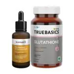TrueBasics 10% Vitamin C Skin Illuminating Serum, Face Serum for Glowing Skin, Helps Reduce Dark Spots, All Skin Types, 30 ml & L Glutathione with Nutroxsun, for Youthful Skin, 30 Tablets (Combo Pack)