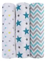 haus & kinder Chevron Stripes Collection 100% Cotton Muslin Swaddle Wrap for New Born Baby - Pack of 3 (100 x 100 cm, Star Turquoise, Dots, Turquoise)