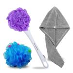 Swiss Connection Round Long Handle Loofah Back Scrubber Sofy Nylon Mesh | Hair Towel Wrap Absorbent Towel Quick Hair Drying Microfiber | Bathing Set For Women Multicolor (Pack of 3)