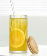 VM PARTNER Ribbed Glass Cups with Lids and Glass Straws, Drinking Glasses, Vintage Glassware Large, Origami Style Cocktail Glasses, Tumbler for Bar Beverages, Whiskey