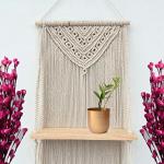 Ecofynd Wood, Cotton Bohemian Boho Nordic Style Macrame Wall Hanging Shelf, 16 Inches