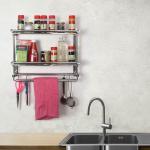 Livzing Multipurpose Wall Mount Kitchen 2-Tier Storage Shelf Stainless Steel Bathroom Hanging Rack Organizer with Hooks for Knives cutleries