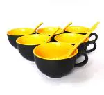 Renhomz Ceramic Large Soup Cups / Bowls with Handle and Ceramic Spoon , Soup Bowl , Snack Cup , Maggie Cup l Cereal Bowl ,Size : Diameter 11.5 cm ,Available Set of 2 ,4 and 6 Cups (6, Yellow)