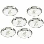 LEROYAL Designer Silver Stainless Steel Designer Thali Dinner Plate (Pack of 6)