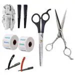 Doberyl All-in-one Professional Hair Styling 9pcs Kit at Home. Scissors for Hair Thinning, Silver Hair cutting shears, Salon Comb, Ustra shaving razor, neck ruffle roll, Haircut Cape Barber Salon Set