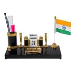 Kebica Stationery Brown Acrylic 4 Compartments Pen Stand With 2 Pen Holder, Calendar And India Flag