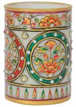 Gaura Art & Crafts 8 x 8 x 10 cm Art and Crafts Marble Meenakari Ring Flower Work Painted Pen Holder, Stand Cutwork Antique Traditional Handmade Handicraft Decorative item for Home/Table/Wall Decor Showpiece