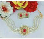 Gyaan Jewels Handmade Gold Plated Brass Earring and Necklace Set Red (Women) Free Size