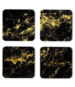 Whats Your Kick Marble Texure Golden Texures With Black Background Printed Set of 4 Coaster With Metal Stand
