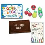 BOGATCHI Exam Day Gift, Special Chocolates for EXAMs, EXAM Gift Hamper, Exam wishes- All the Best, Good Luck Box, Dark Chocolate Bar for Exams + FREE Fruit Shape Erasers (4pcs) + FREE Exam Wishes Greeting Card