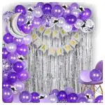 Acril Happy Birthday Decoration Balloon Arch Garland Kit 90 Items Moon & Stars Style (Purple-Silver)