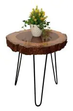 ARTIFACTS'OCEAN Antique Natural Round Wood Coffee Table | Vintage Look Side Table | Brown PU Gloss Finish Wooden Top n Wrought Iron Removable Legs | LxBxH-13x13x18 inch