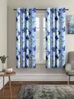 Home Sizzler 2 Pieces 3D Floral Blue Eyelet Polyester Window Curtains