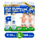 Bumtum Baby Diaper Pants with Leakage Protection -9 to 14 Kg (Large, 168 Count, Pack of 3)
