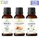 Homeda Sandalwood, Mogra and Jasmine Essential Oils Combo for Home Fragrance, Diffuser, Pooja (Chandal Oil original, Jasmine Oil) - 100% Pure for Skin, Face, Hair - 30ml each - Set of 3