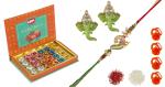 Feastive Celebrations Om Sweets Assorted Mewa Bites With Mayur Dhwaj Rakhi, Pair Of Ganesha Soan, Pooja Rakhi, Kesar And Chawal (Set Of 4)