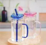 Nimika Colored Handle with lid Straw Cup Square Glass Milk Tea Drinking Cup Glass Mason Jar 410 ML Pack of 2